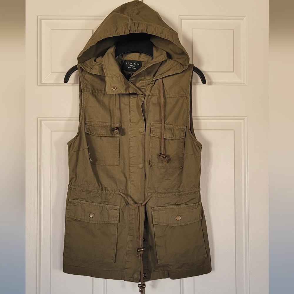 Love Tree Cargo Utility Safari Hooded Pockets Vest Olive Green Medium